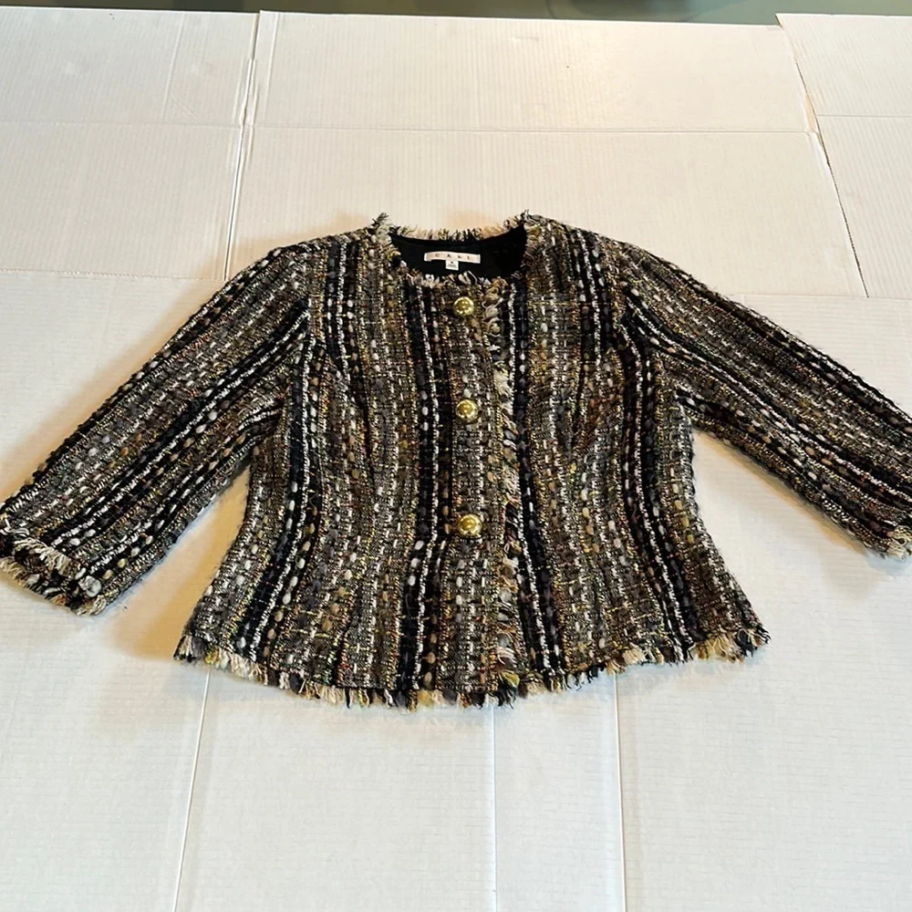 CAbi quarter length frayed 30%wool jacket multicolored in small w gold buttons - Picture 1 of 12